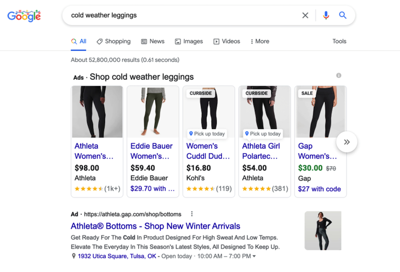 Shopping ads with product prices and images