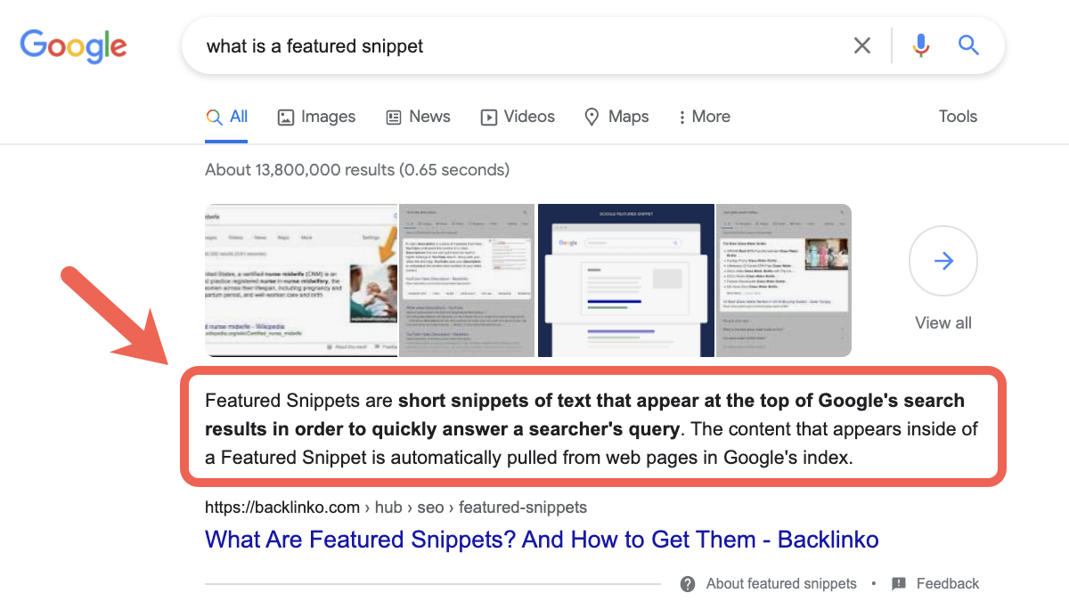 Featured snippet example in Google SERP